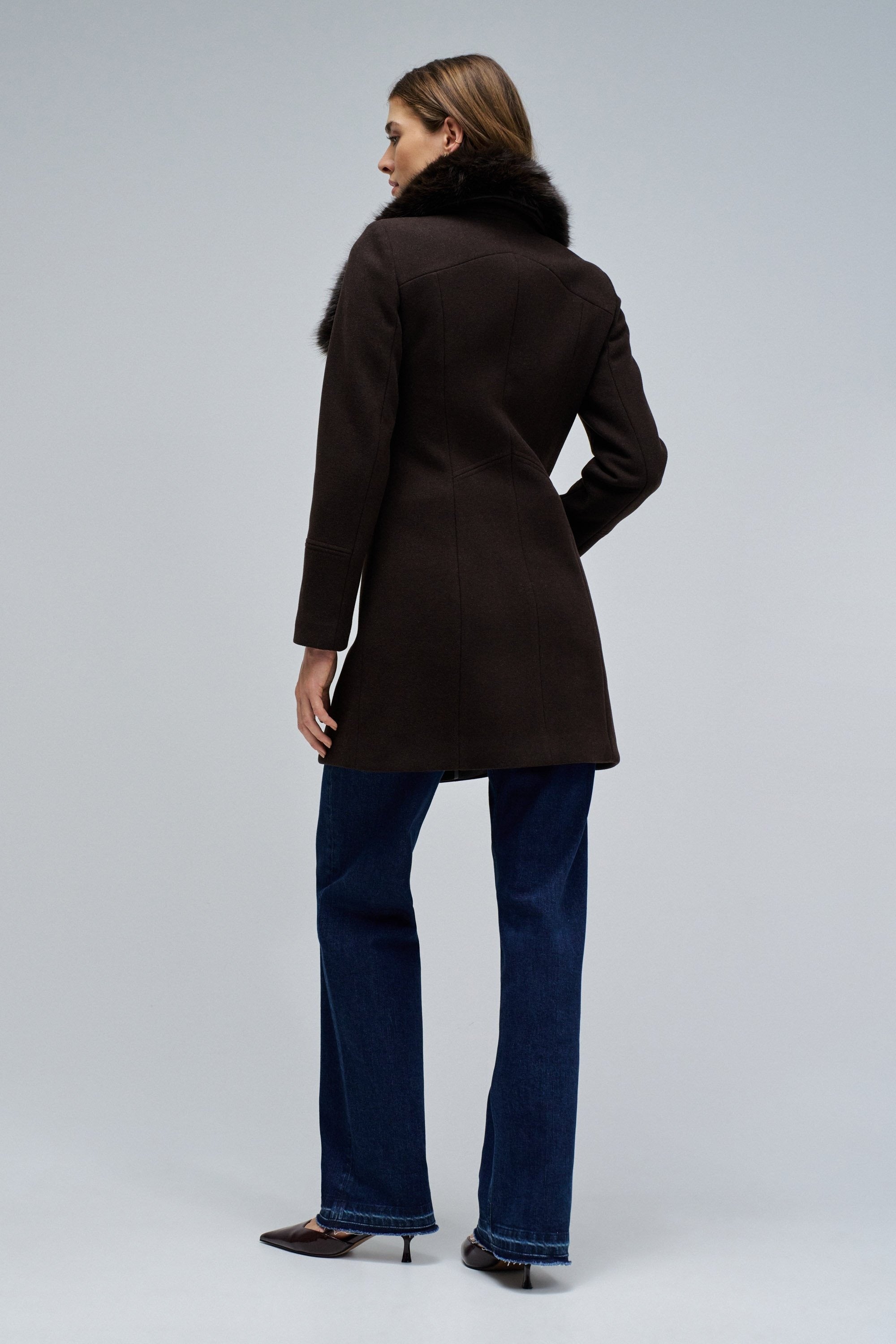 Cappotto in lana con collo di pelliccia in marrone scuro Giacche Salsa Jeans