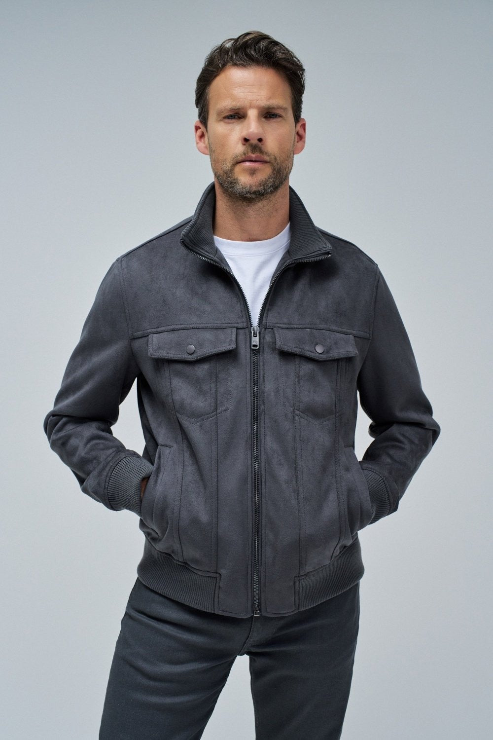 Giacca Trucker in pelle scamosciata in grigio scuro Giacche Salsa Jeans