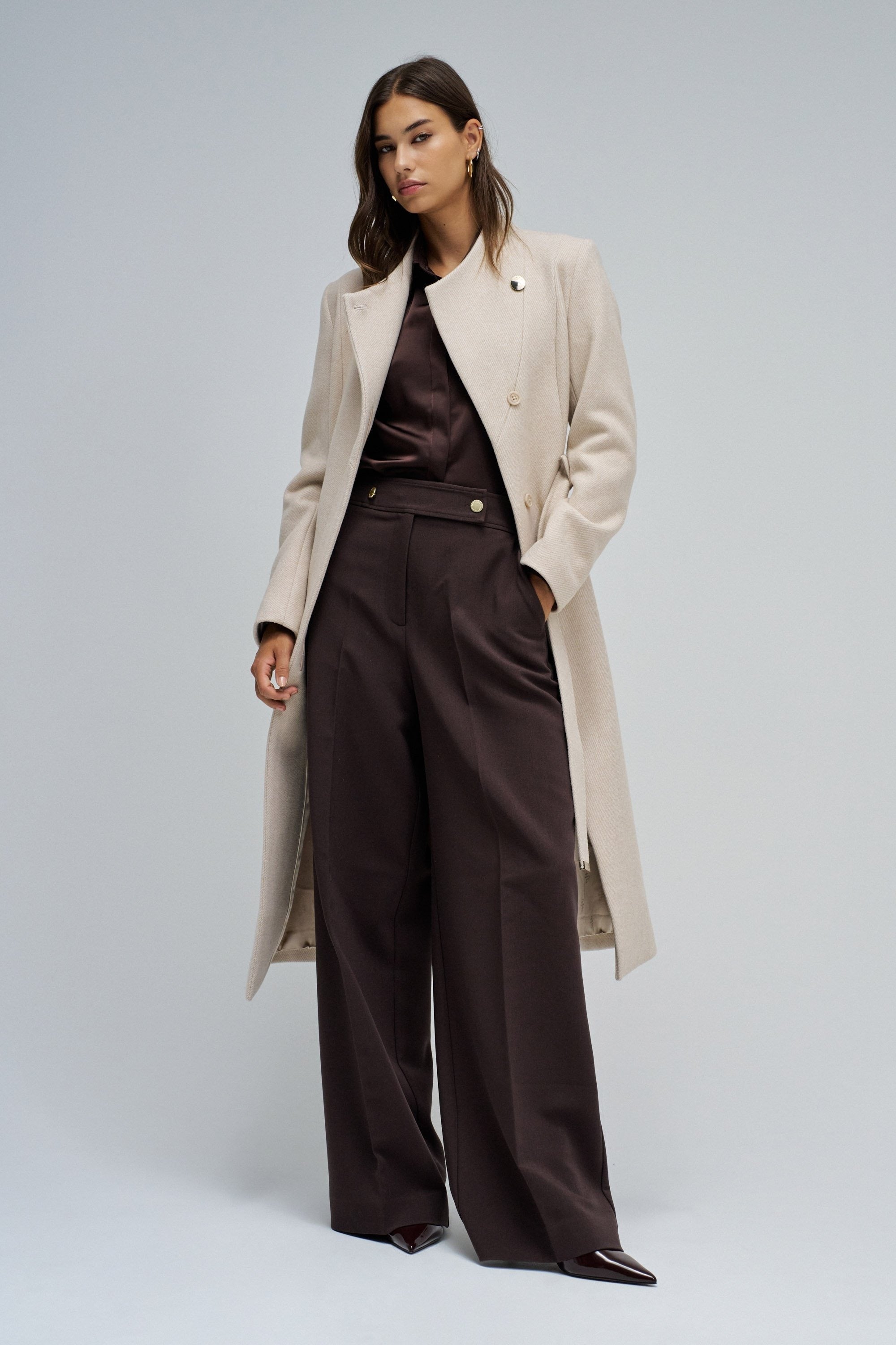 Giacca lunga in lana con cintura in beige chiaro V1 Giacche Salsa Jeans