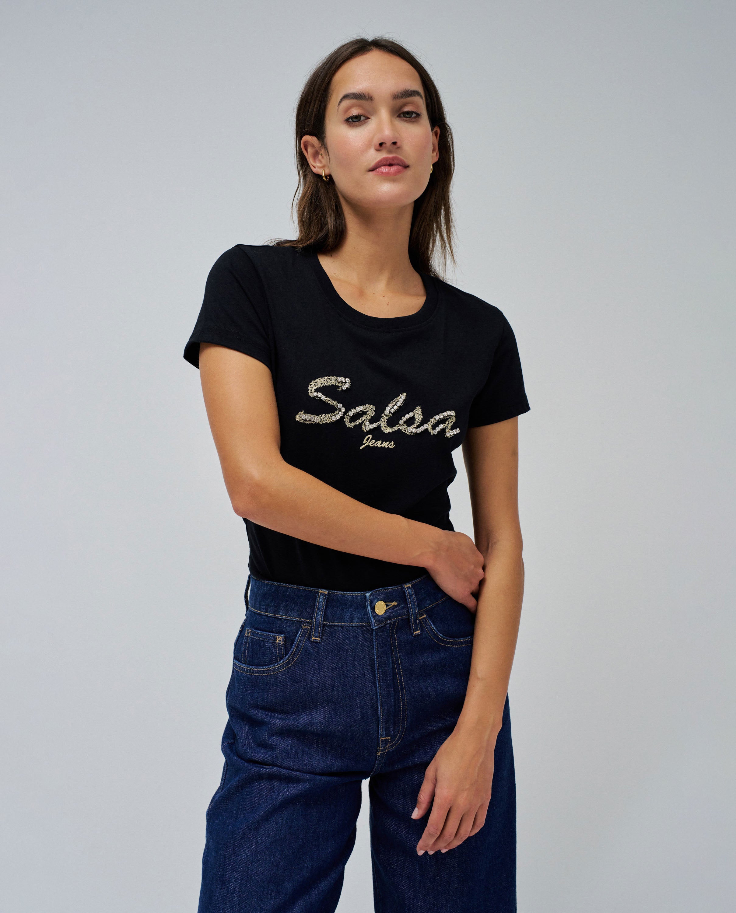 Maglietta con marchio ricamato in lurex in nero T-Shirt Salsa Jeans