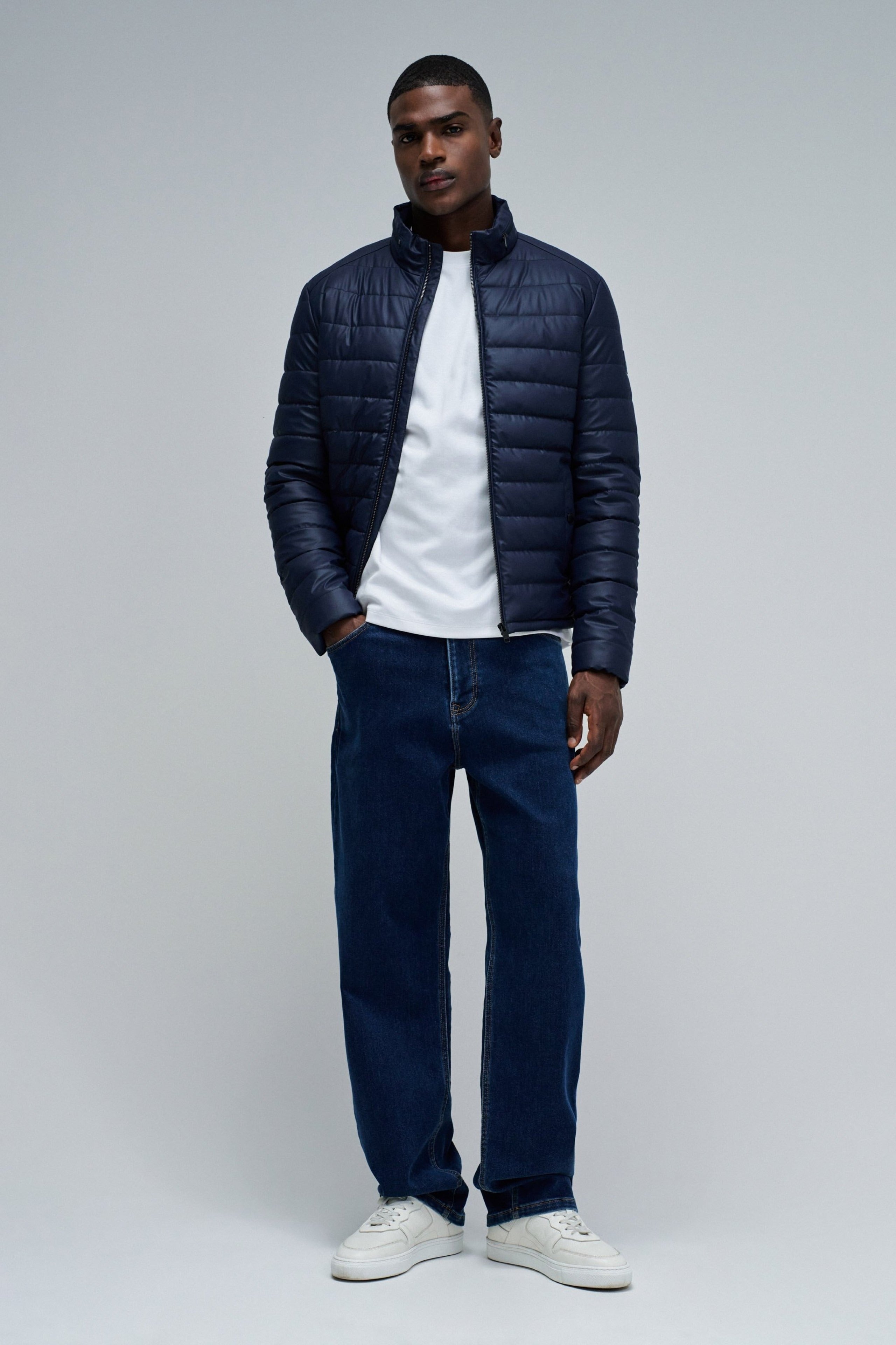 Giacca leggera imbottita in pelle PU blu scuro