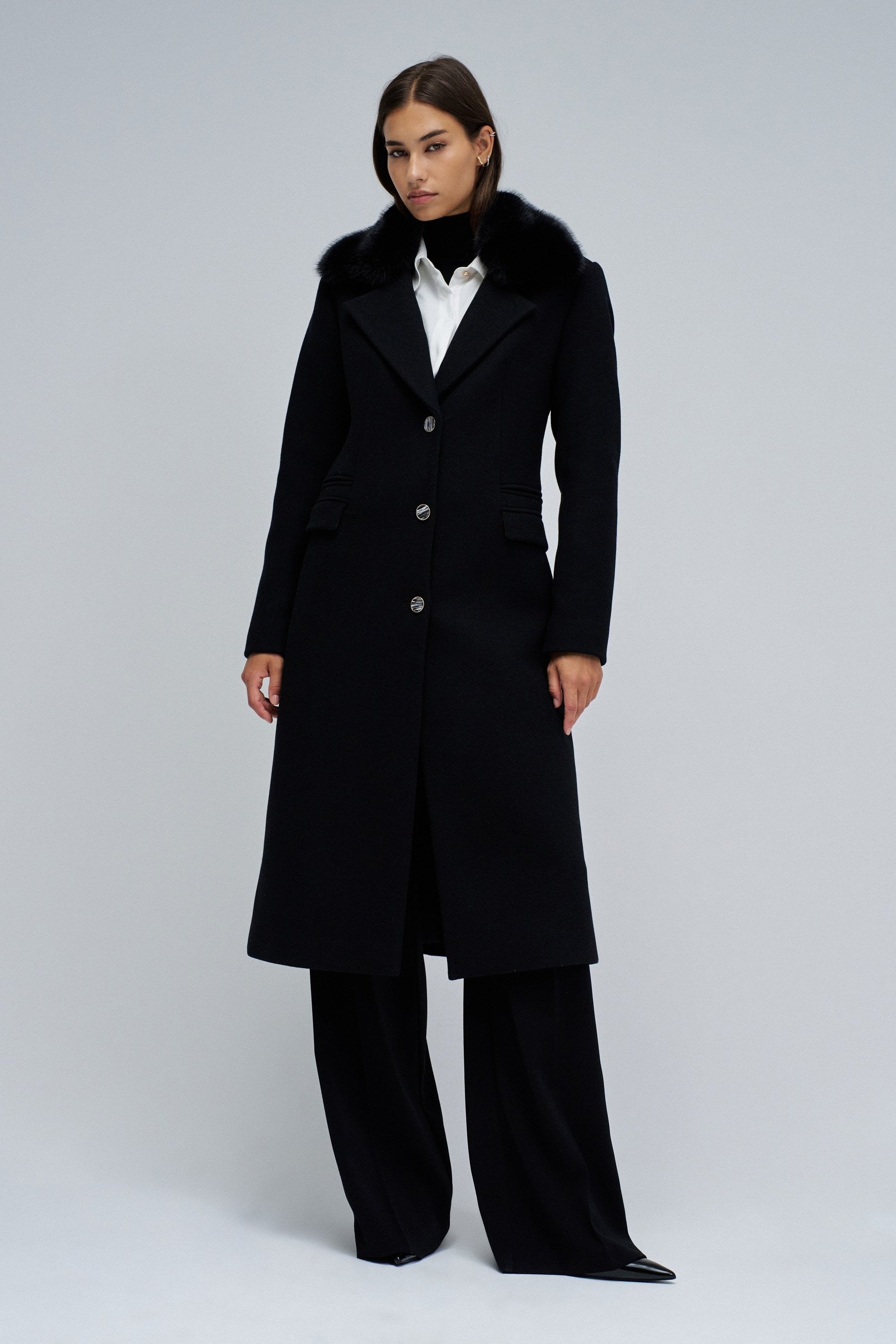 Cappotto in lana con collo in pelliccia sintetica in nero Giacche Salsa Jeans