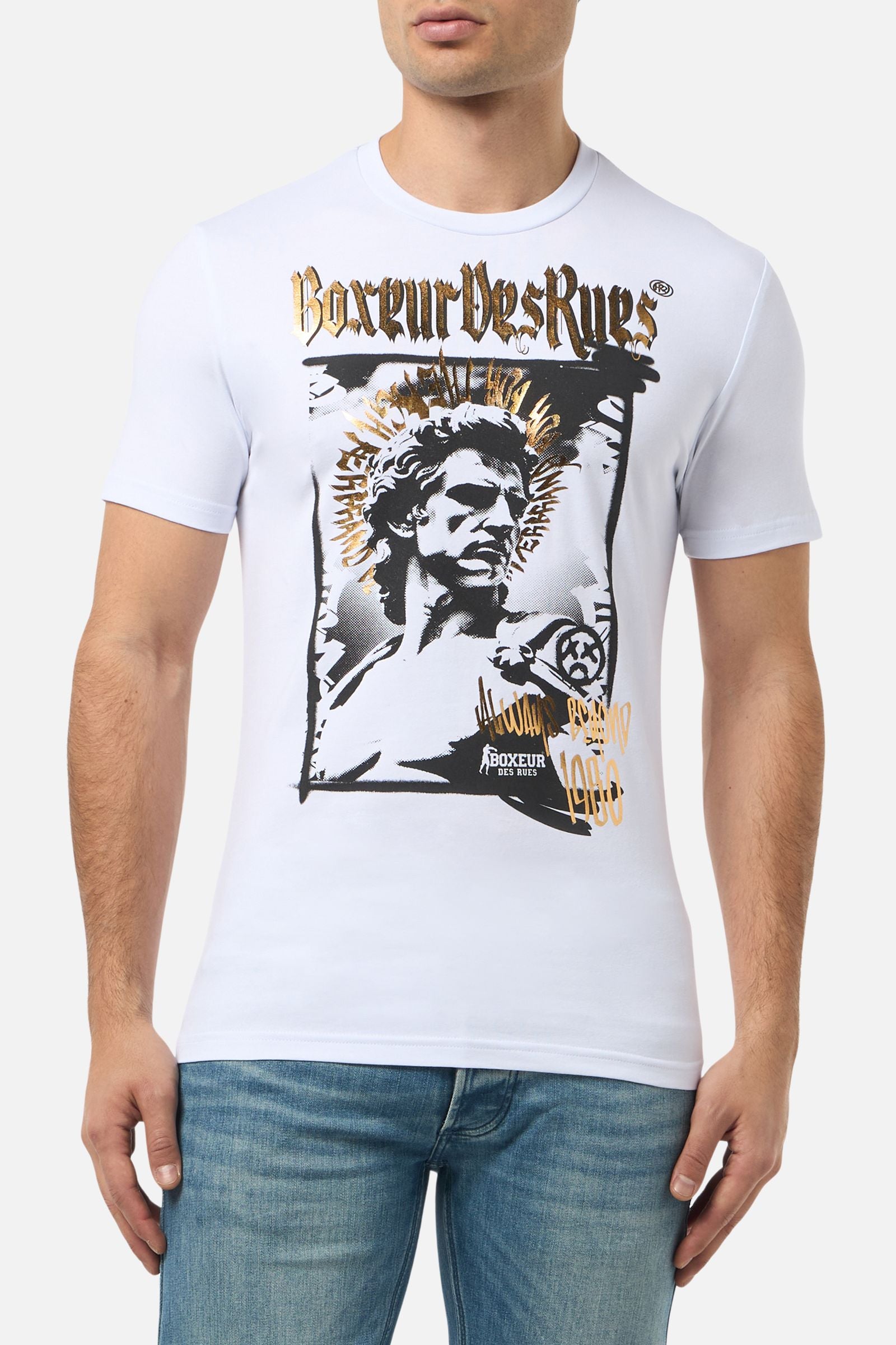T-shirt grafica in bianco-oro