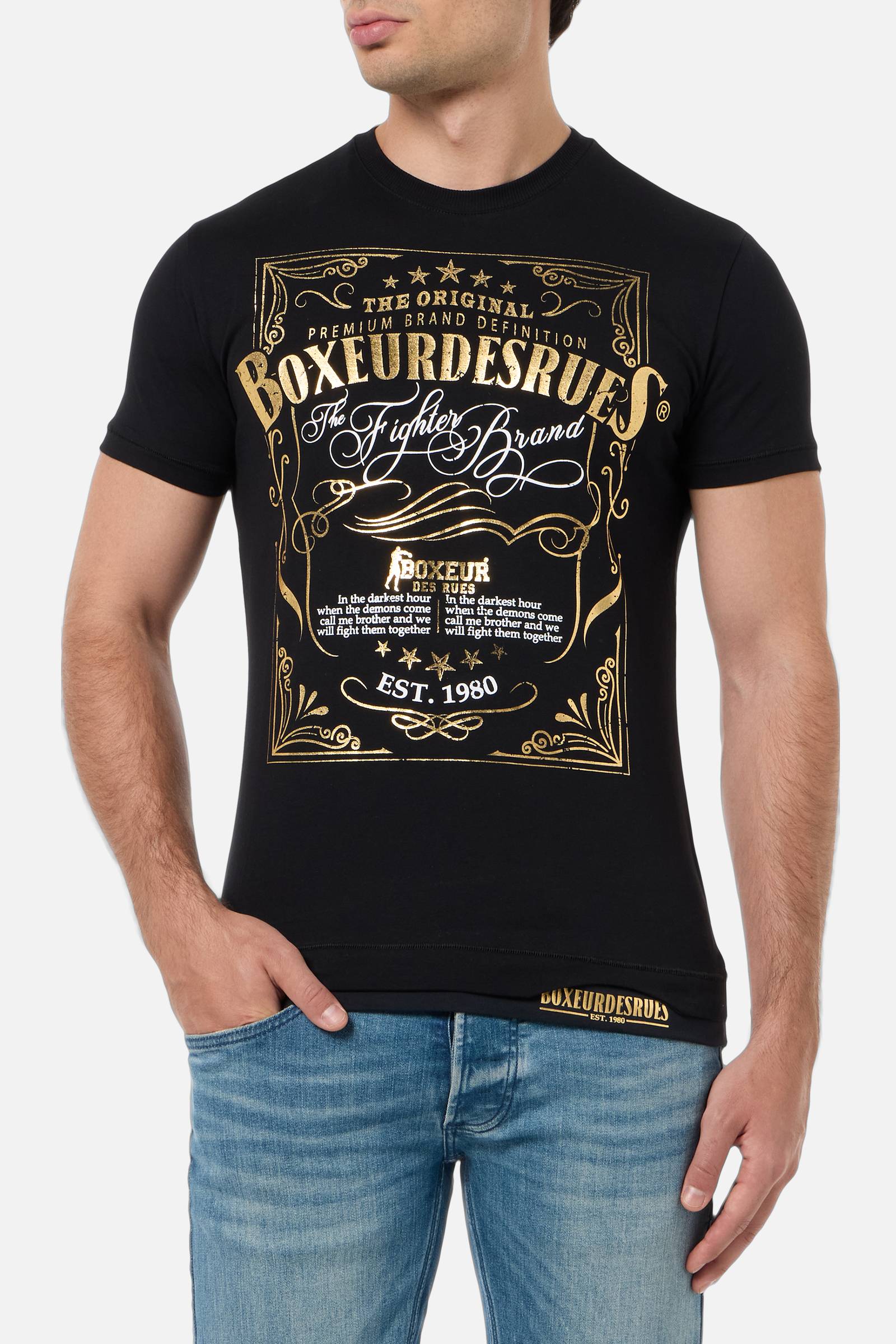 Maglietta stampata con scollo rotondo in nero-oro Boxeur des Rues