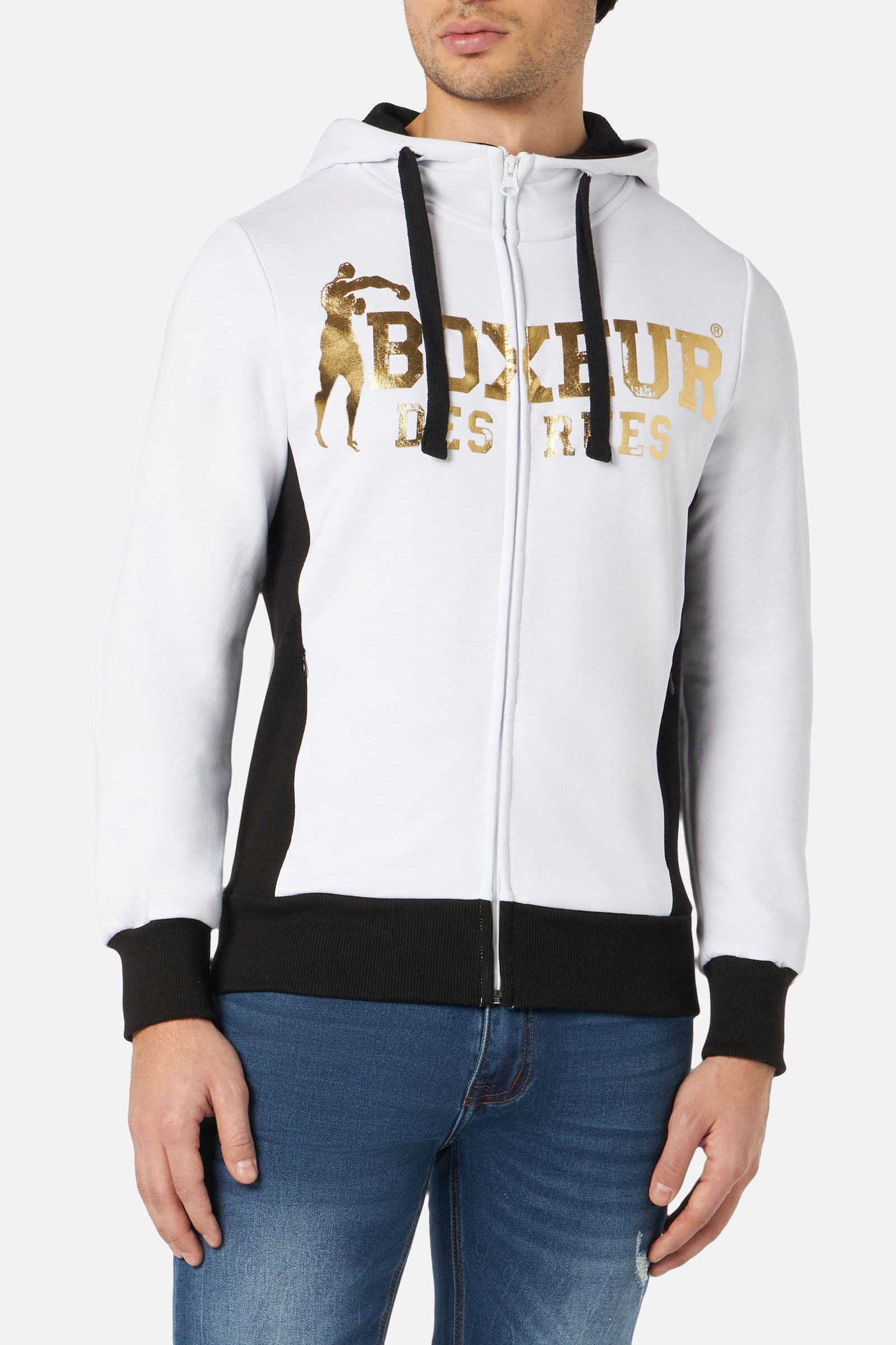 Felpa con cappuccio e zip integrale in bianco-oro Sweat Jackets Boxeur des Rues   