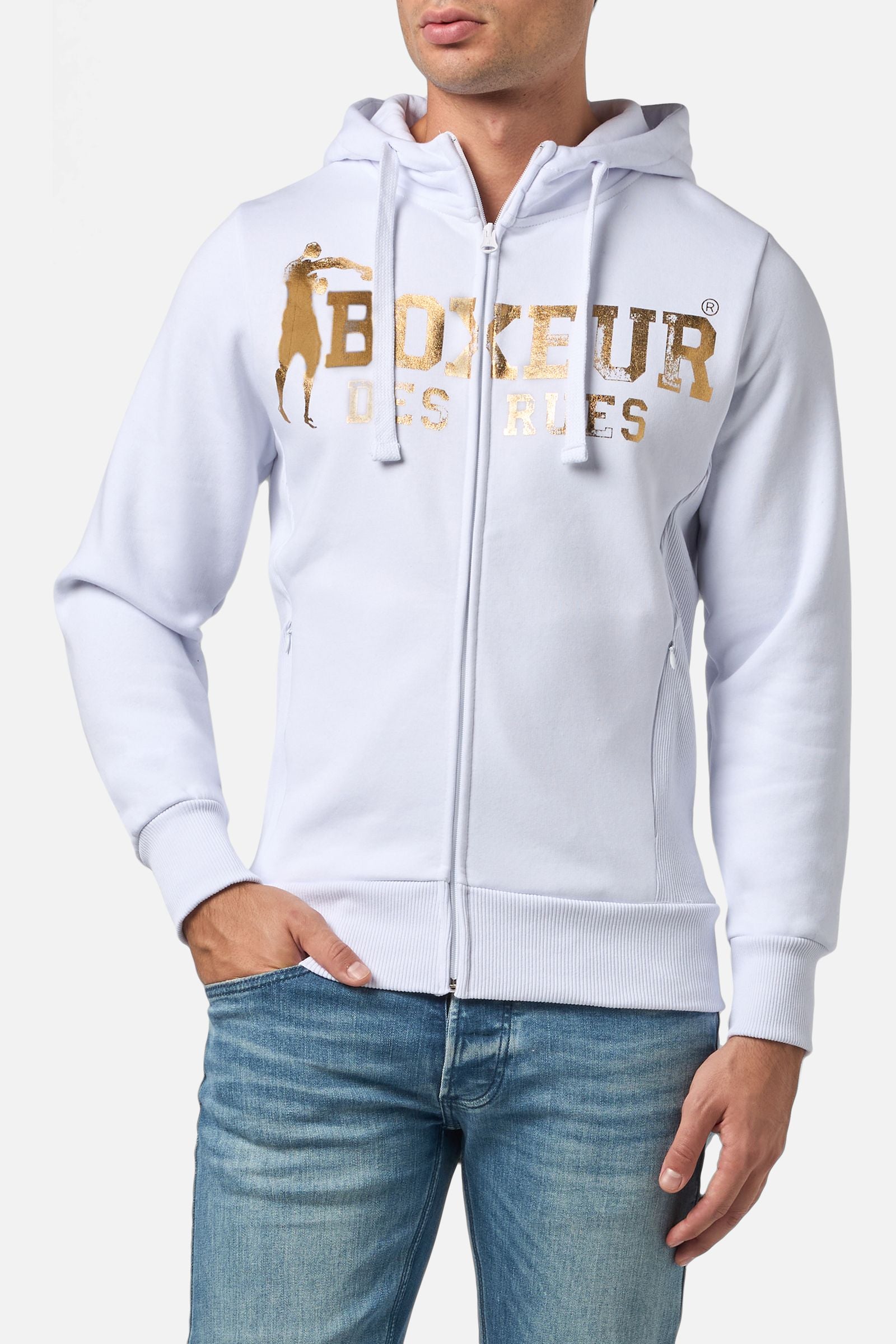 Felpa con cappuccio e zip integrale in bianco-oro Sweat Jackets Boxeur des Rues