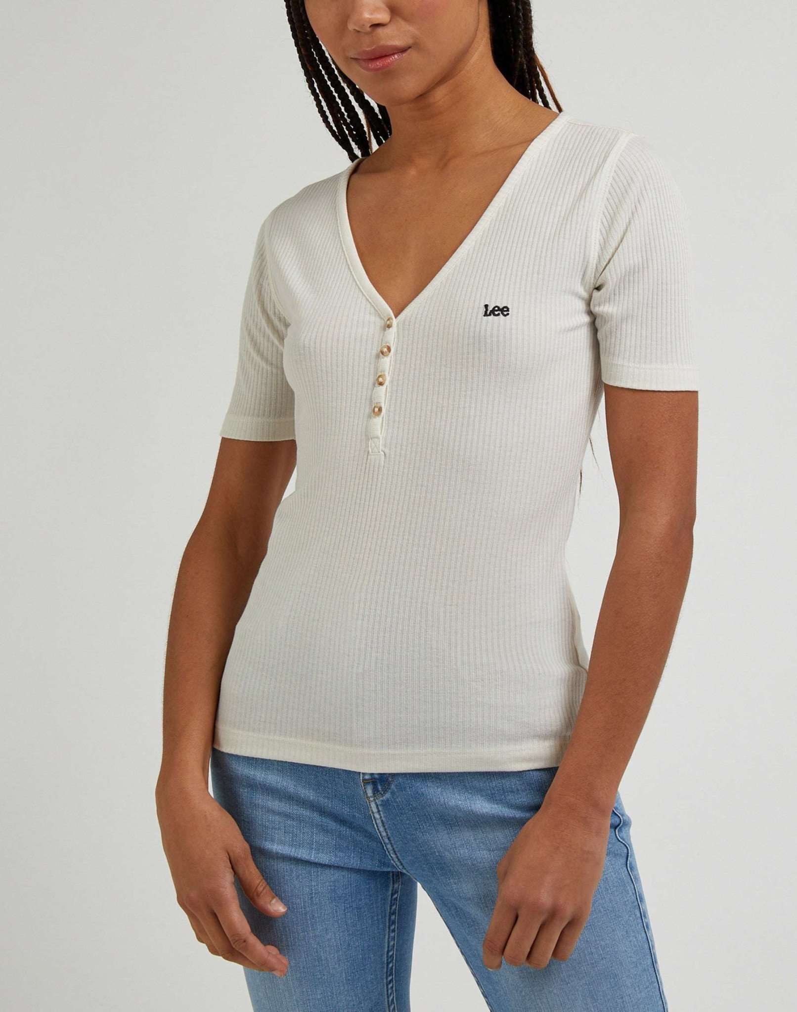 T-shirt Henley a maniche corte in ecrù Lee   