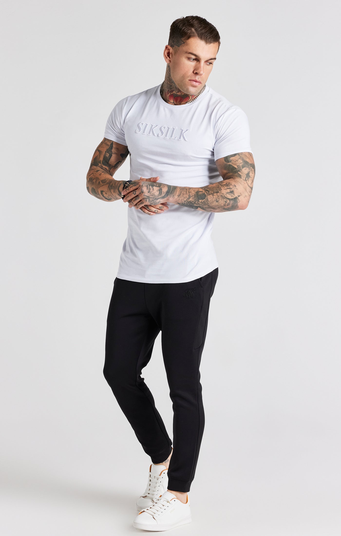 Maglietta muscolare ricamata in bianco T-Shirt SikSilk   