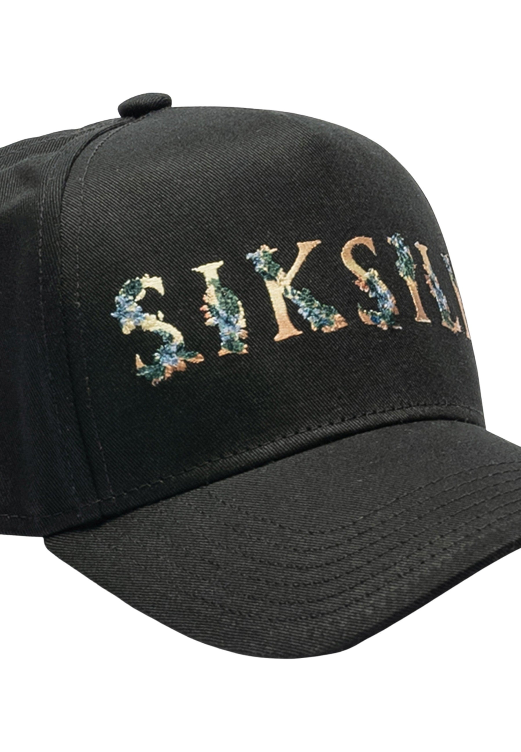 Cappello Trucker con ricamo floreale in nero Cappelli SikSilk   