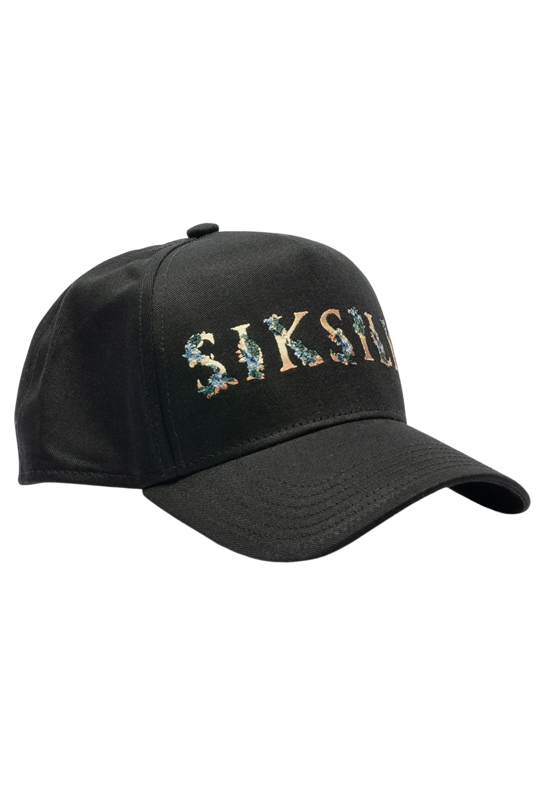 Cappello Trucker con ricamo floreale in nero Cappelli SikSilk   