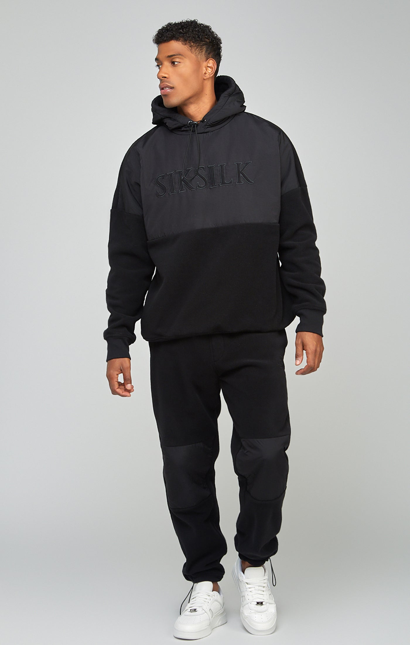 Polar Fleece Cut & Sew Overhead Hoodie in nero Felpa con cappuccio SikSilk   