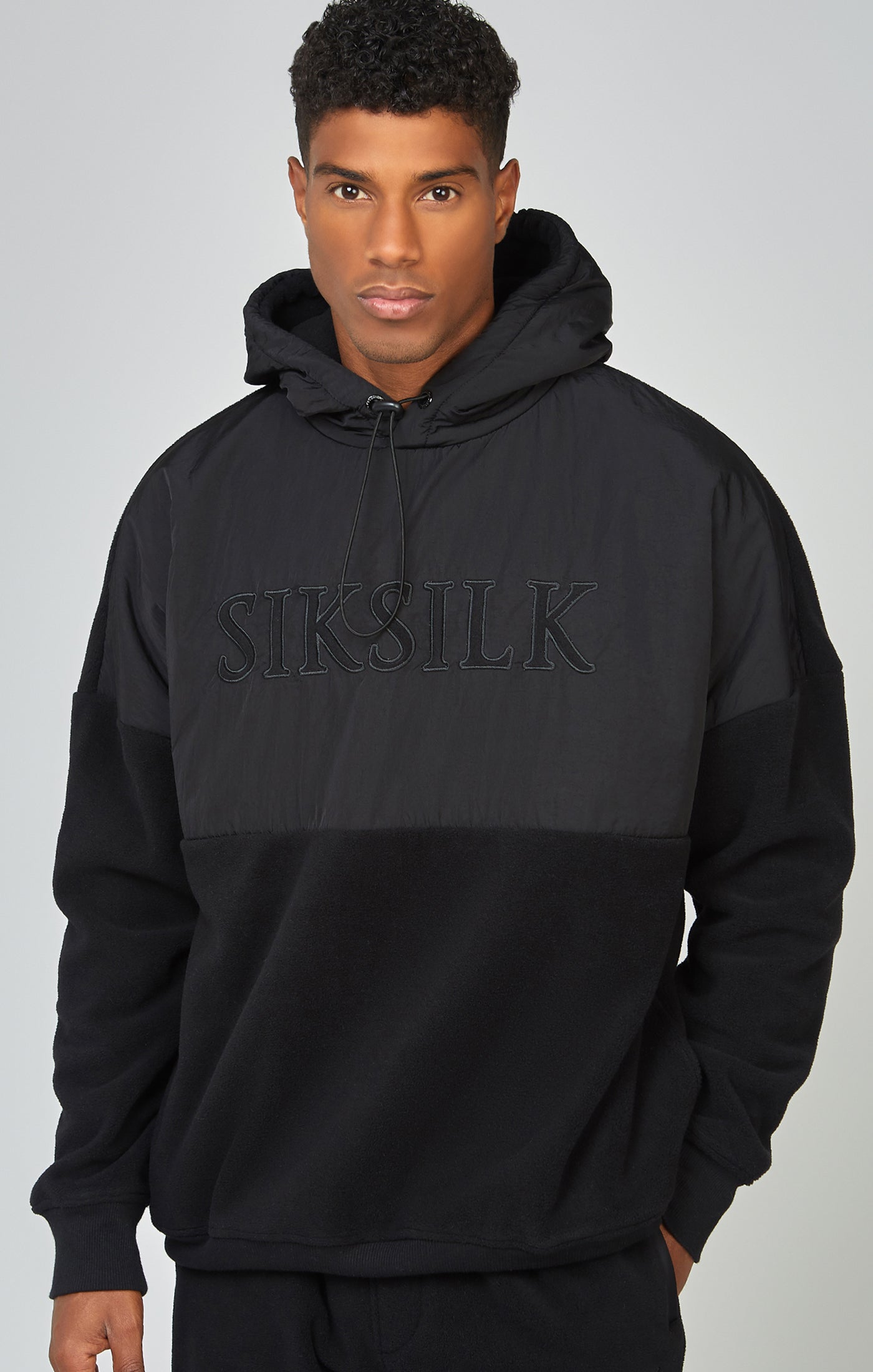 Polar Fleece Cut & Sew Overhead Hoodie in nero Felpa con cappuccio SikSilk   