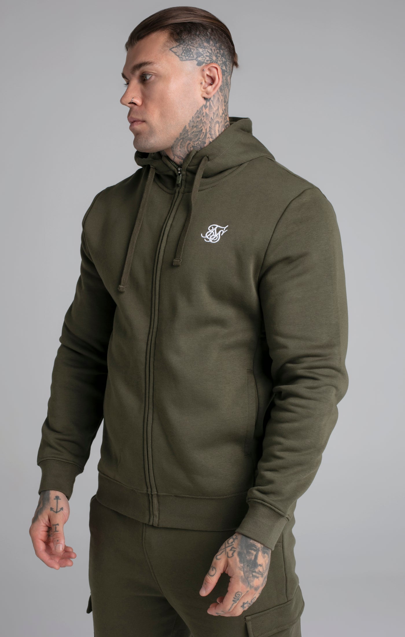 Felpa con cappuccio Essential Zip Through Funnel in Khaki Hoodie SikSilk   