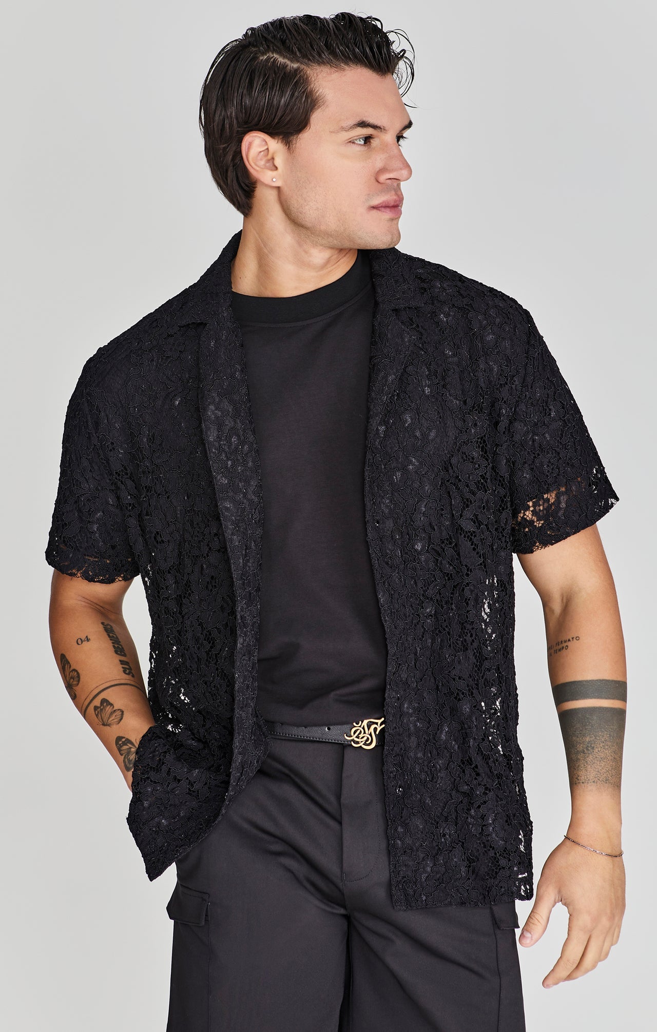 Camicia Resort in pizzo in nero Camicie SikSilk   