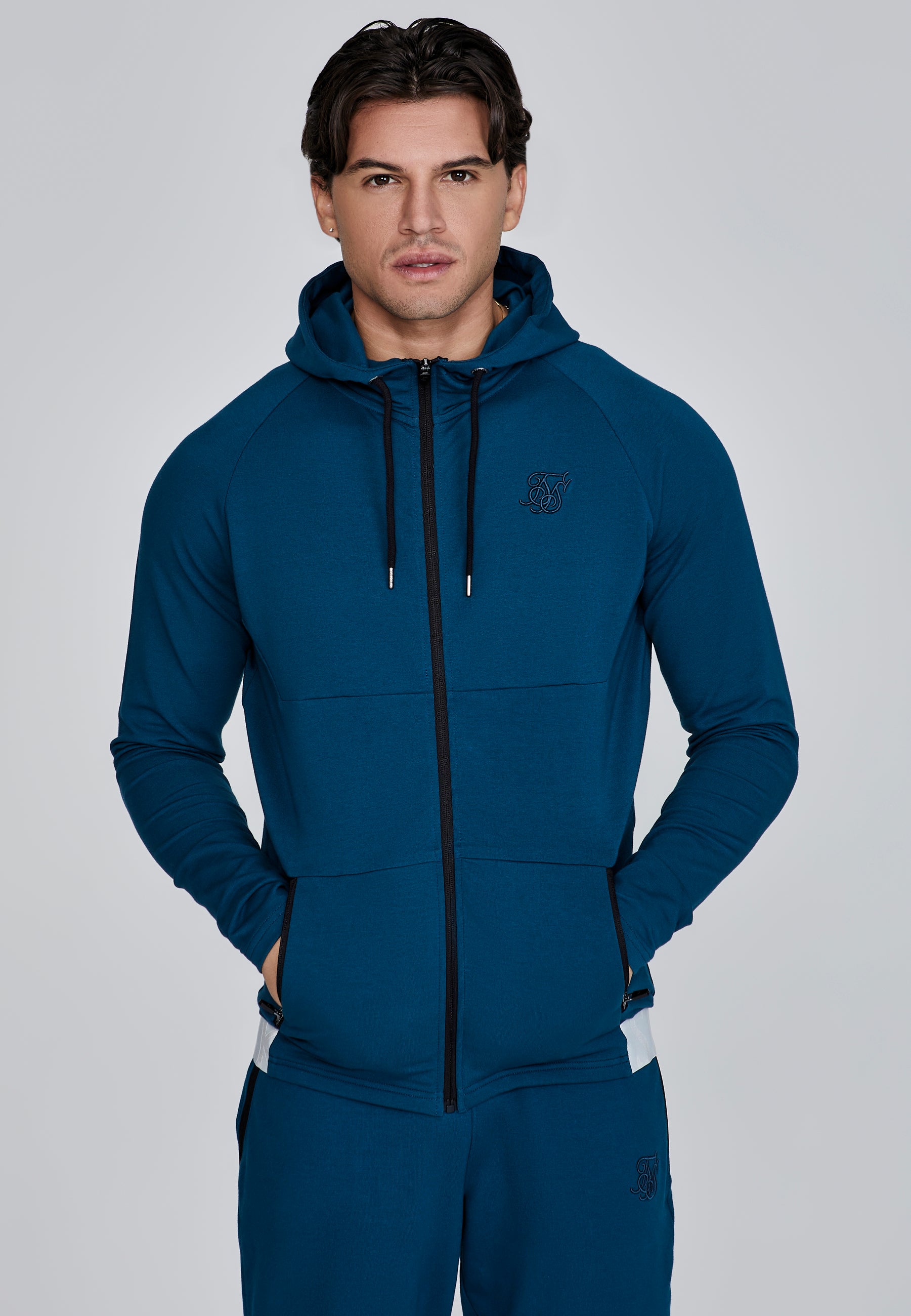 Felpa con cappuccio e zip intera in blu SikSilk   