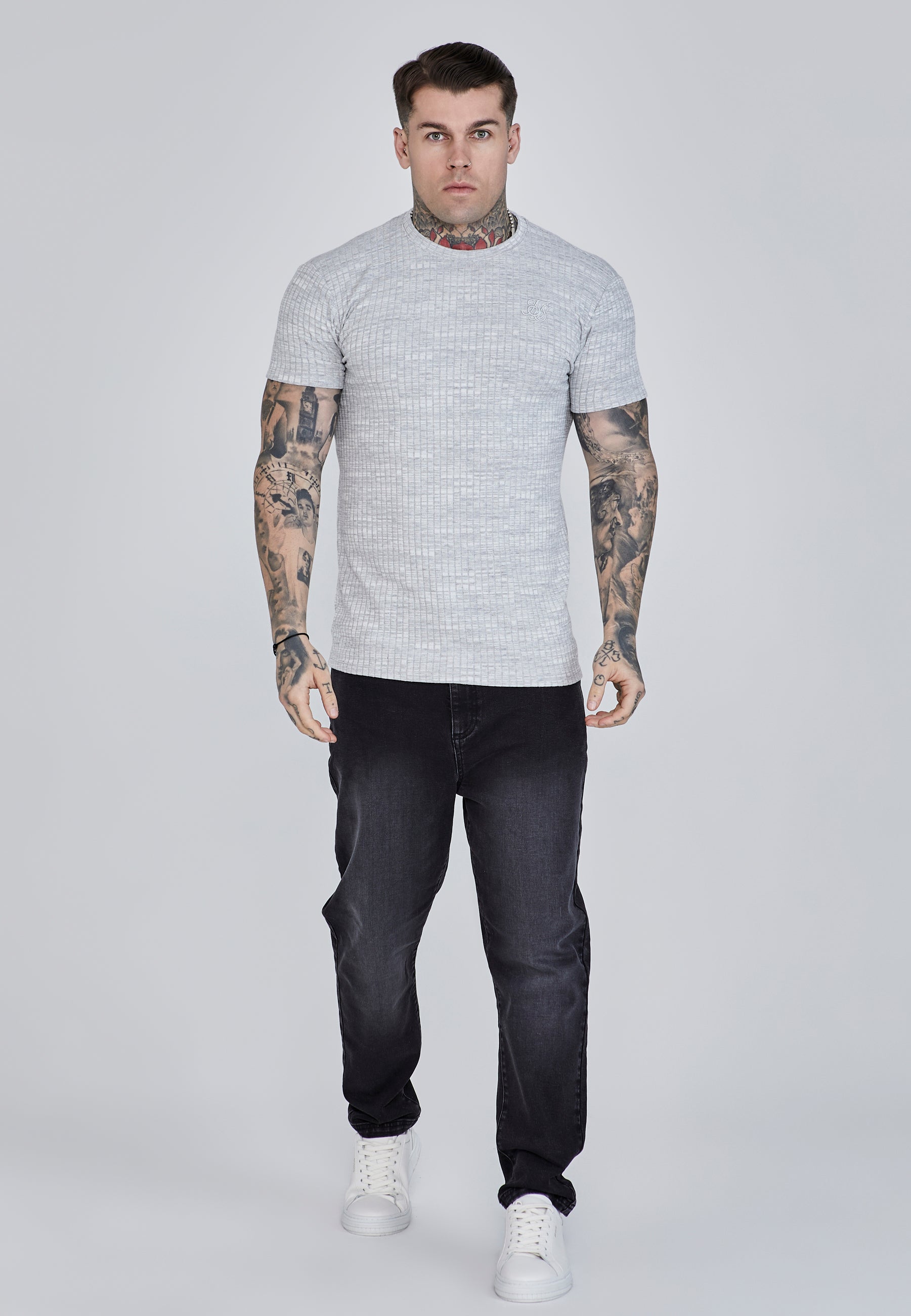 Maglietta a coste in grigio chiaro T-Shirt SikSilk   