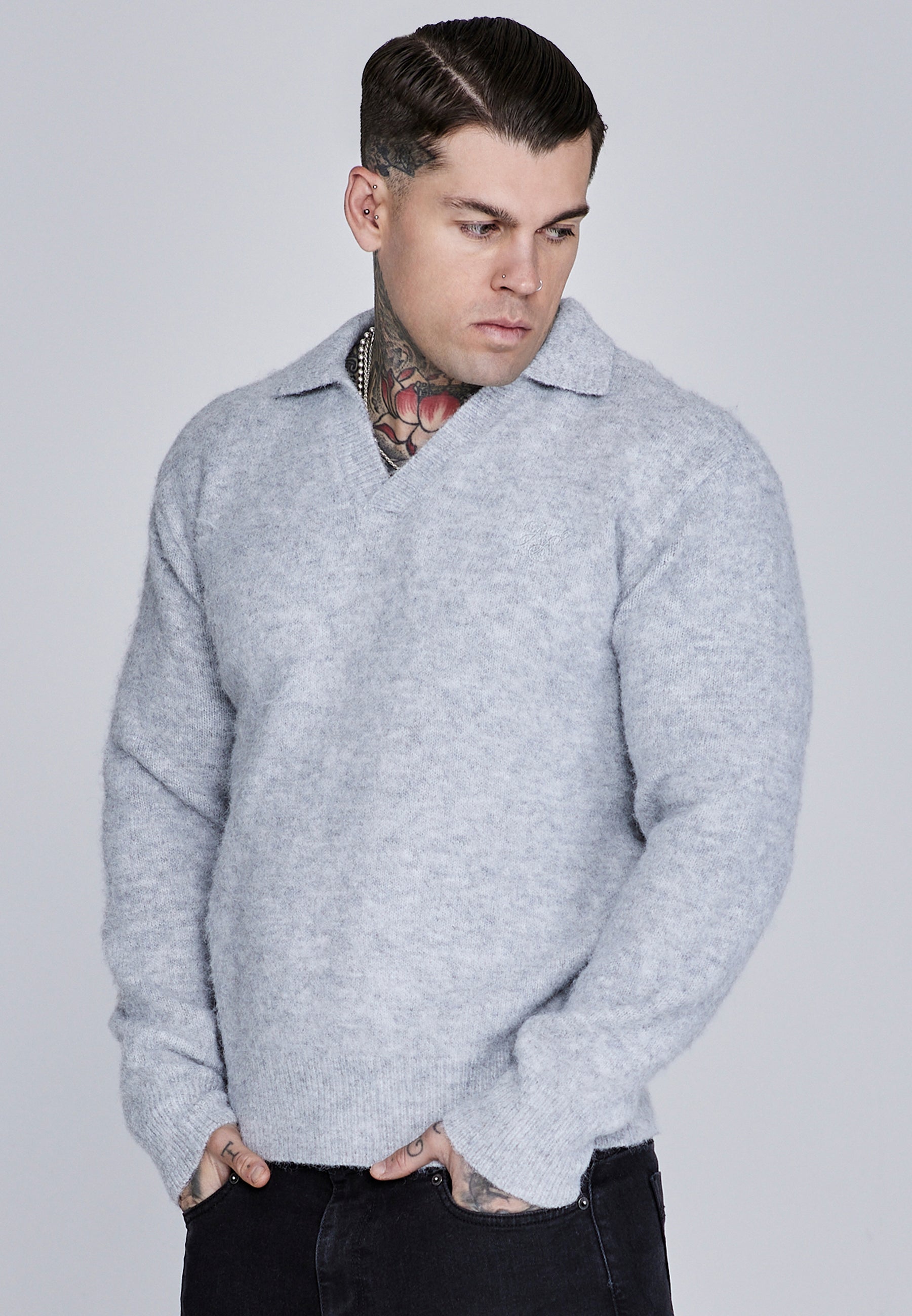 Maglione Polo in maglia grigio Maglioni SikSilk