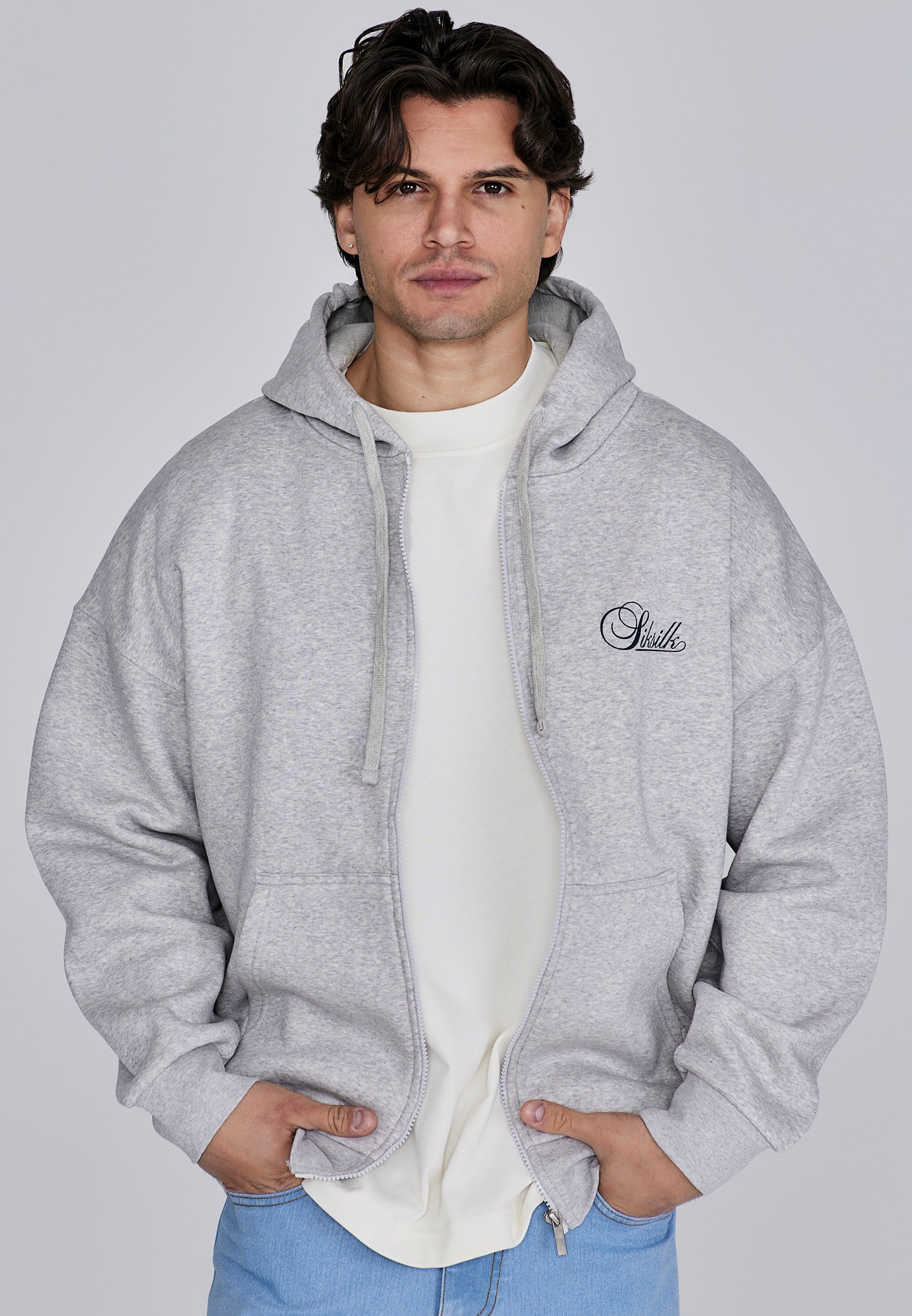 Felpa con cappuccio Essentials con zip intera in grigio marna