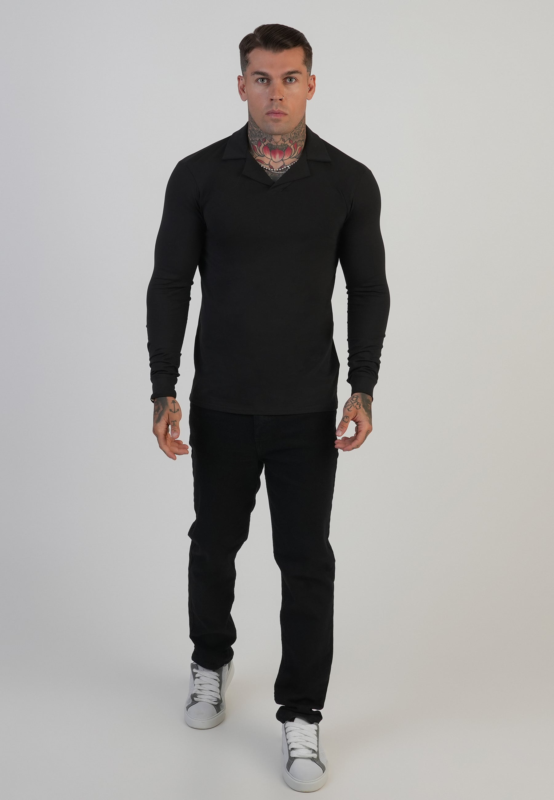 Polo Revere a maniche lunghe in nero Magliette SikSilk
