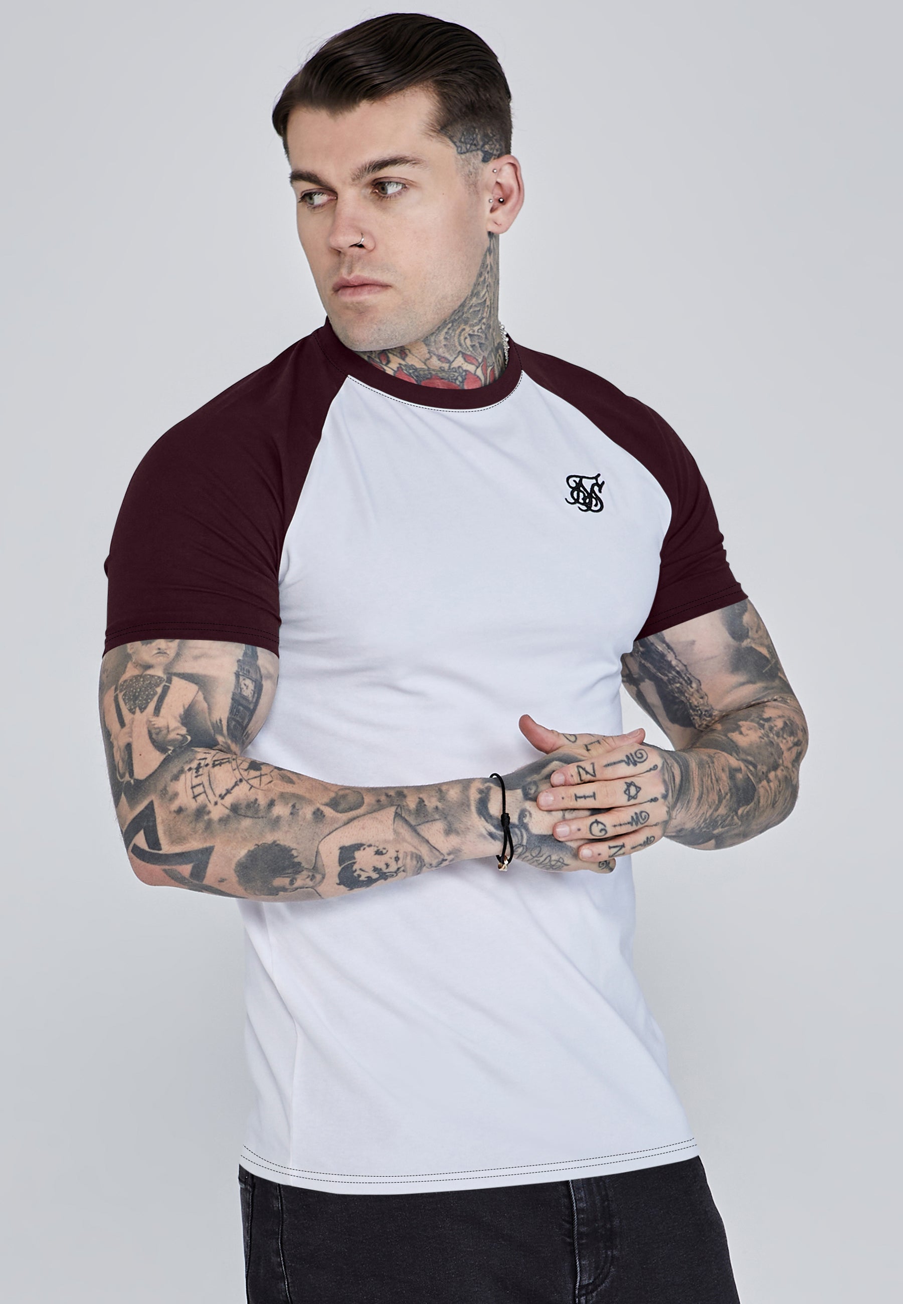 Maglietta Raglan in Bianco, Borgogna Magliette SikSilk